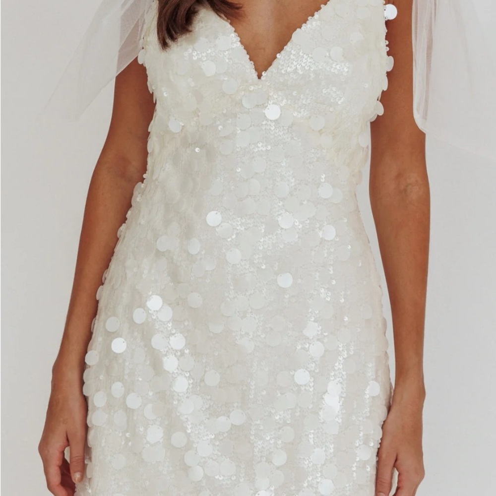 Mykonos White Sequin Mini Dress by Selfie Leslie Angel Biba - Tulle Shoulder Tie